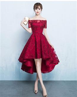 Picture of Fashionable High Low Dark Red Color Lace Party Dresses, Homecoming Dress